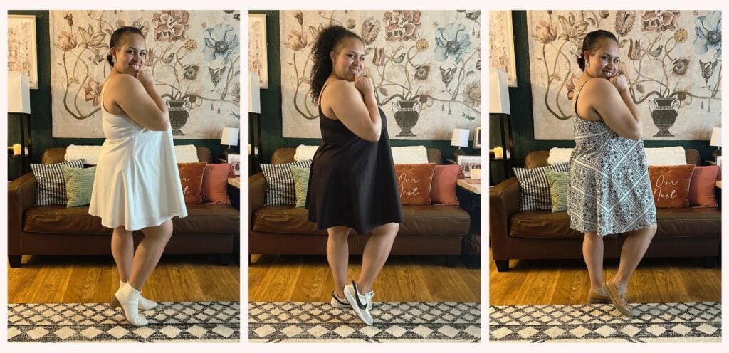 Collage of Sharae wearing a mini dress for petite plus size women in 3 different colors